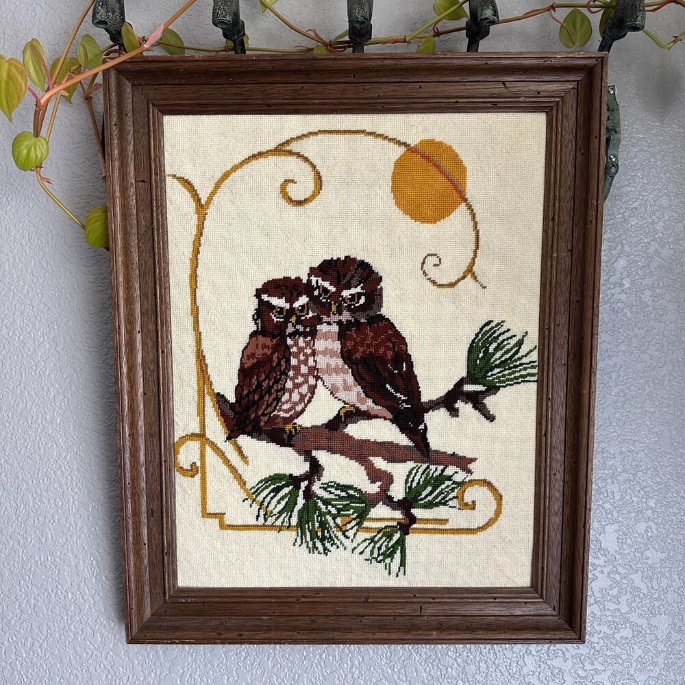 Vtg 70's Owls in Tree Crewel Needlepoint Wood Framed 21x17 Mid Century Wall Art
